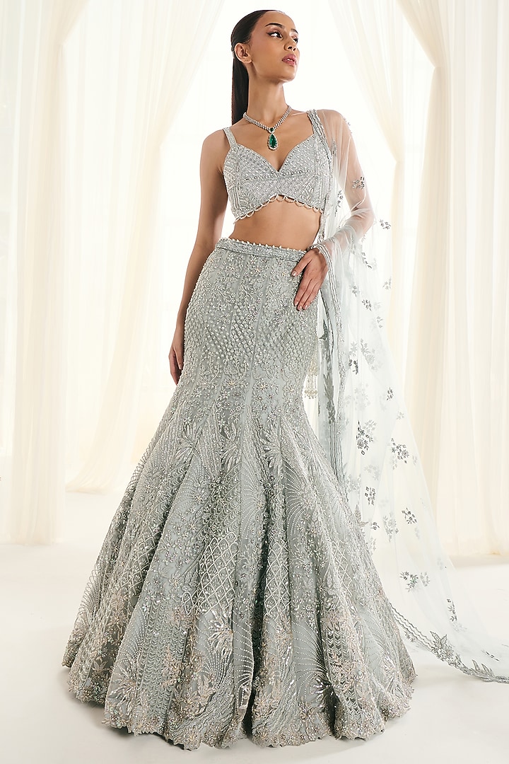 Ice Blue Net Sequins Embroidered Fish-Cut Bridal Lehenga Set by DISHA ARORA at Pernia's Pop Up Shop