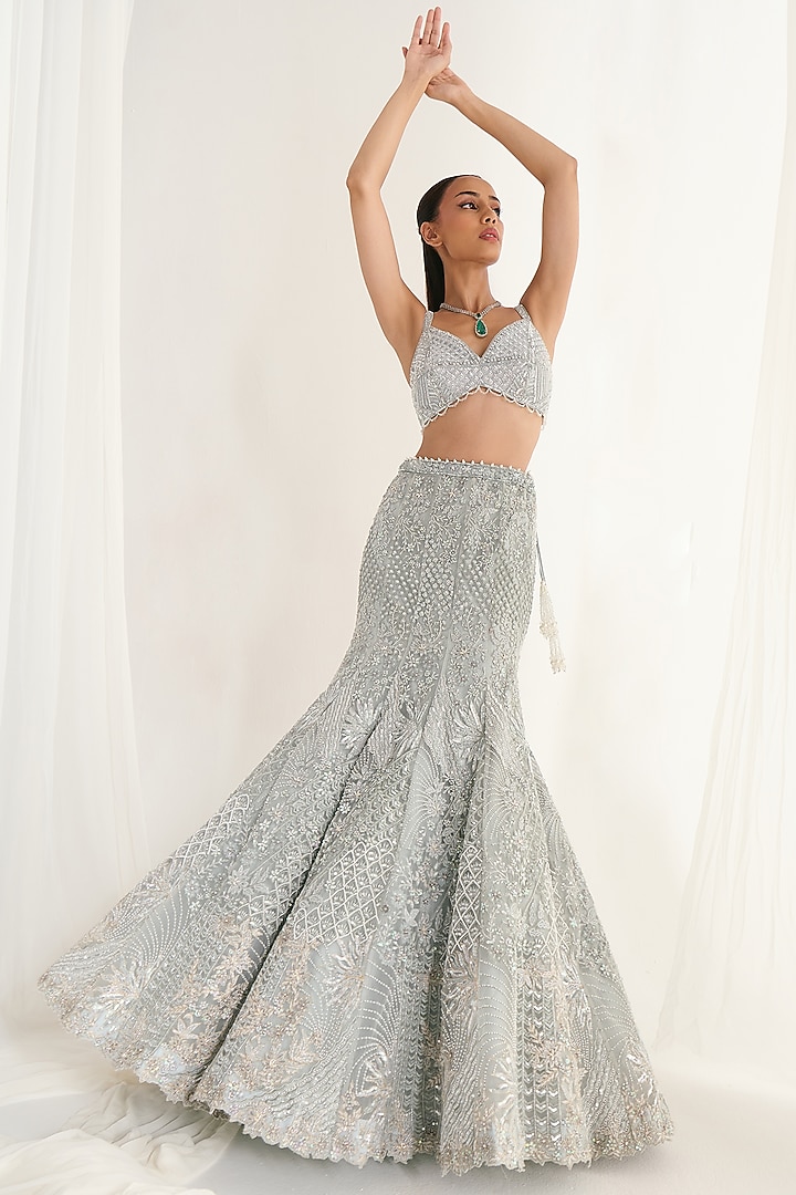 Ice Blue Net Sequins Embroidered Fish-Cut Bridal Lehenga Set by DISHA ARORA at Pernia's Pop Up Shop
