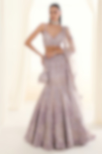 Lilac Net Sequins Embroidered Fish-Cut Bridal Lehenga Set by DISHA ARORA at Pernia's Pop Up Shop