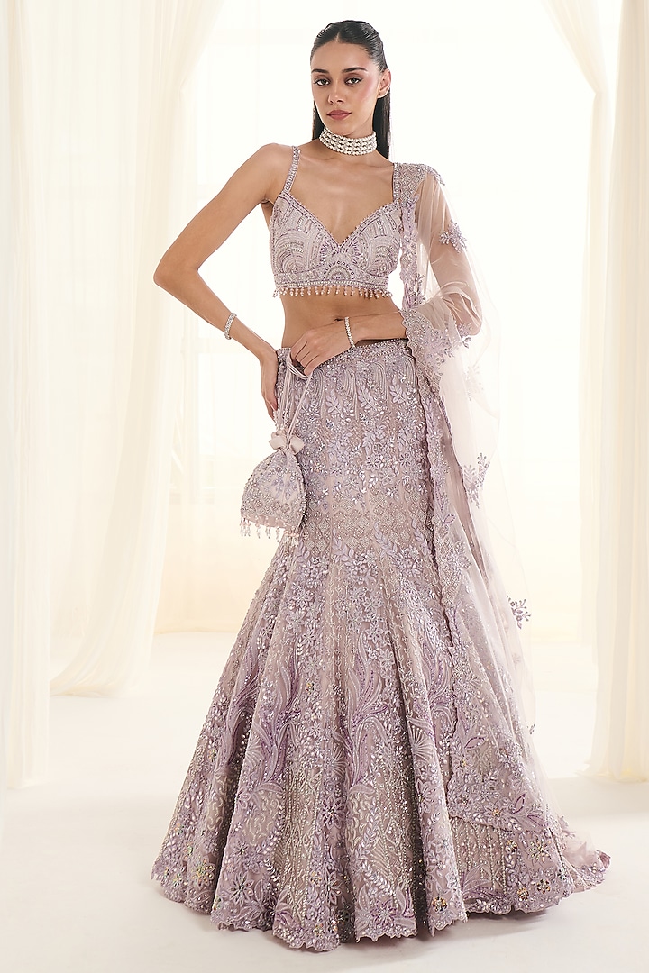 Lilac Net Sequins Embroidered Fish-Cut Bridal Lehenga Set by DISHA ARORA at Pernia's Pop Up Shop