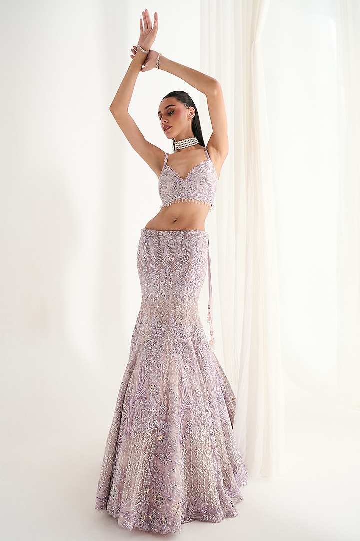 Lilac Net Sequins Embroidered Fish-Cut Bridal Lehenga Set by DISHA ARORA at Pernia's Pop Up Shop