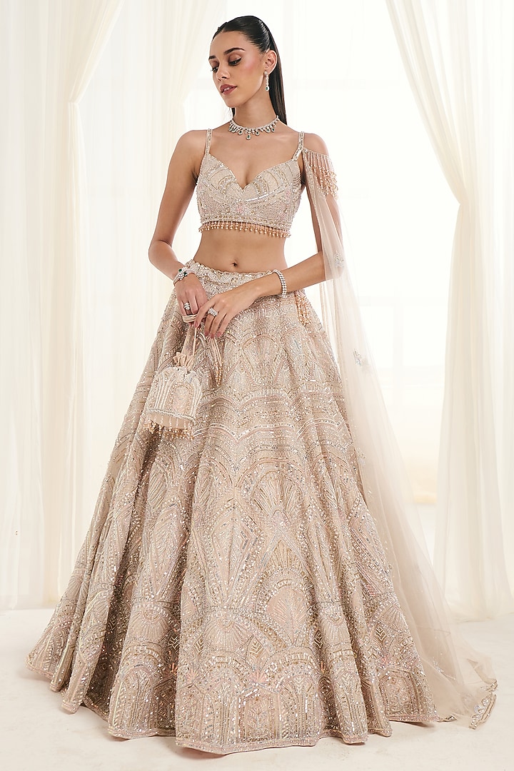 Powder Pink Organza Sequins Embroidered Bridal Lehenga Set by DISHA ARORA at Pernia's Pop Up Shop