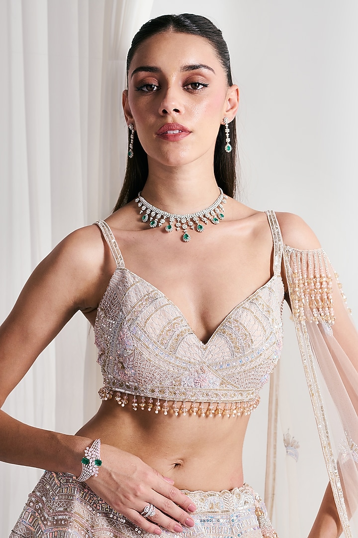 Powder Pink Organza Sequins Embroidered Bridal Lehenga Set by DISHA ARORA at Pernia's Pop Up Shop