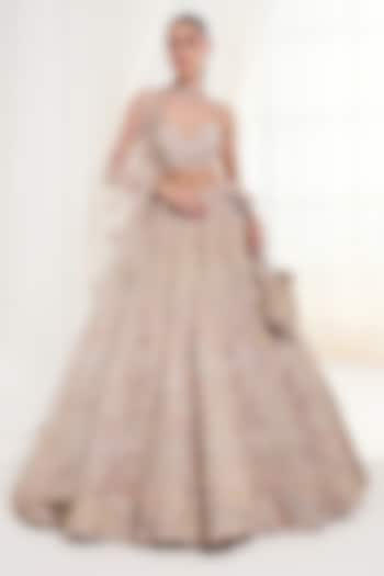 Beige Georgette Thread Embroidered Bridal Lehenga Set by DISHA ARORA at Pernia's Pop Up Shop