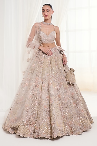 Beige Georgette Thread Embroidered Lehenga Set by DISHA ARORA