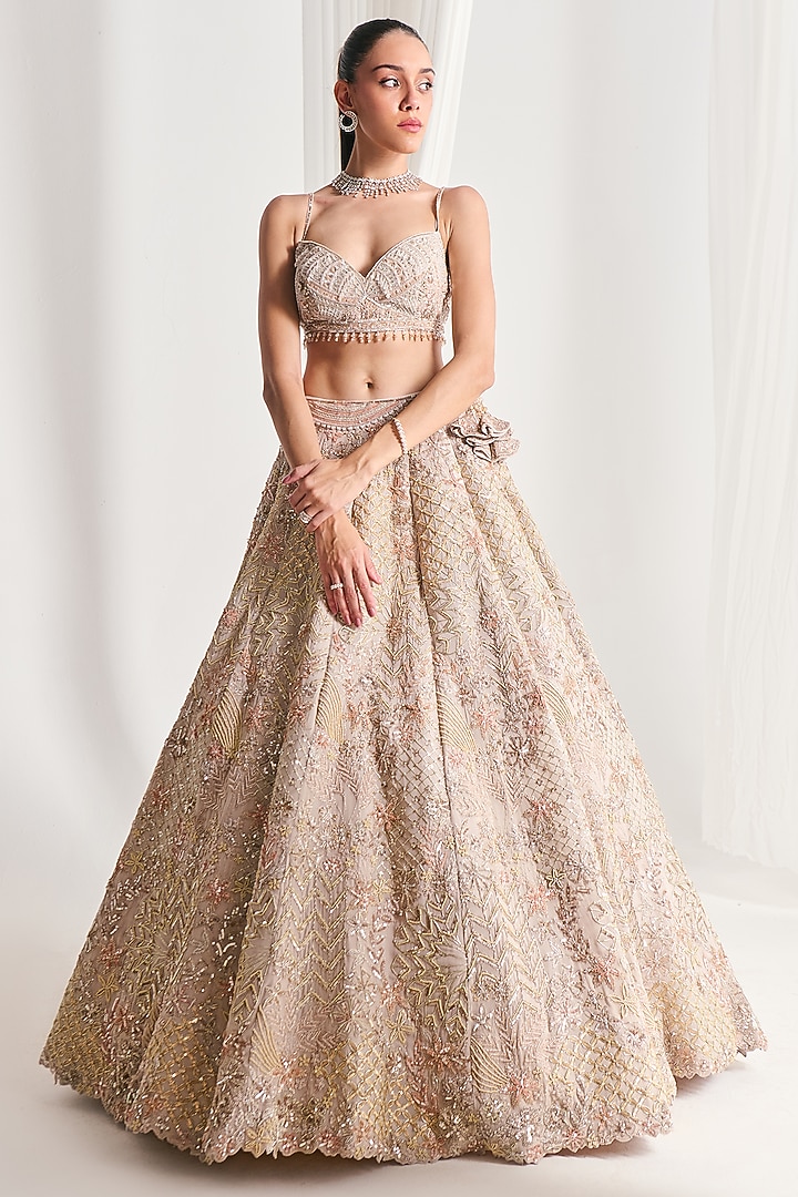 Beige Georgette Thread Embroidered Bridal Lehenga Set by DISHA ARORA at Pernia's Pop Up Shop