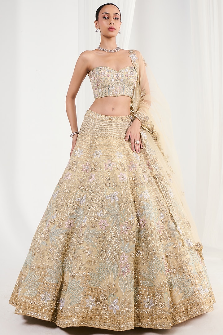 Lemon Yellow Georgette Sequins Embroidered Bridal Lehenga Set by DISHA ARORA at Pernia's Pop Up Shop