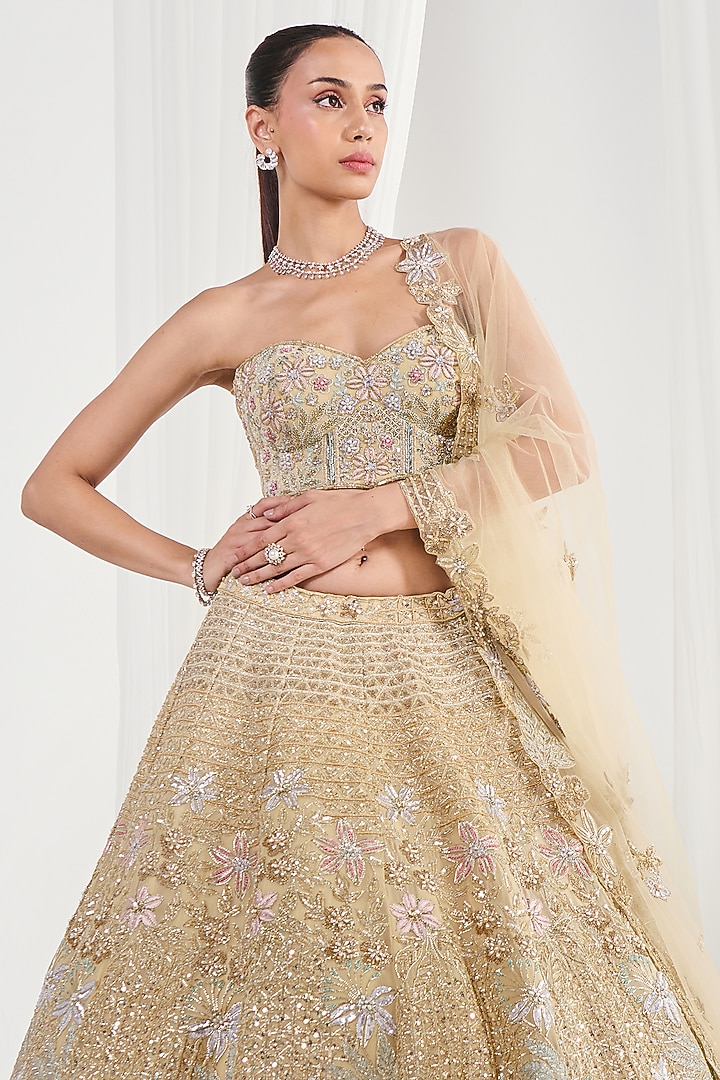 Lemon Yellow Georgette Sequins Embroidered Bridal Lehenga Set by DISHA ARORA at Pernia's Pop Up Shop