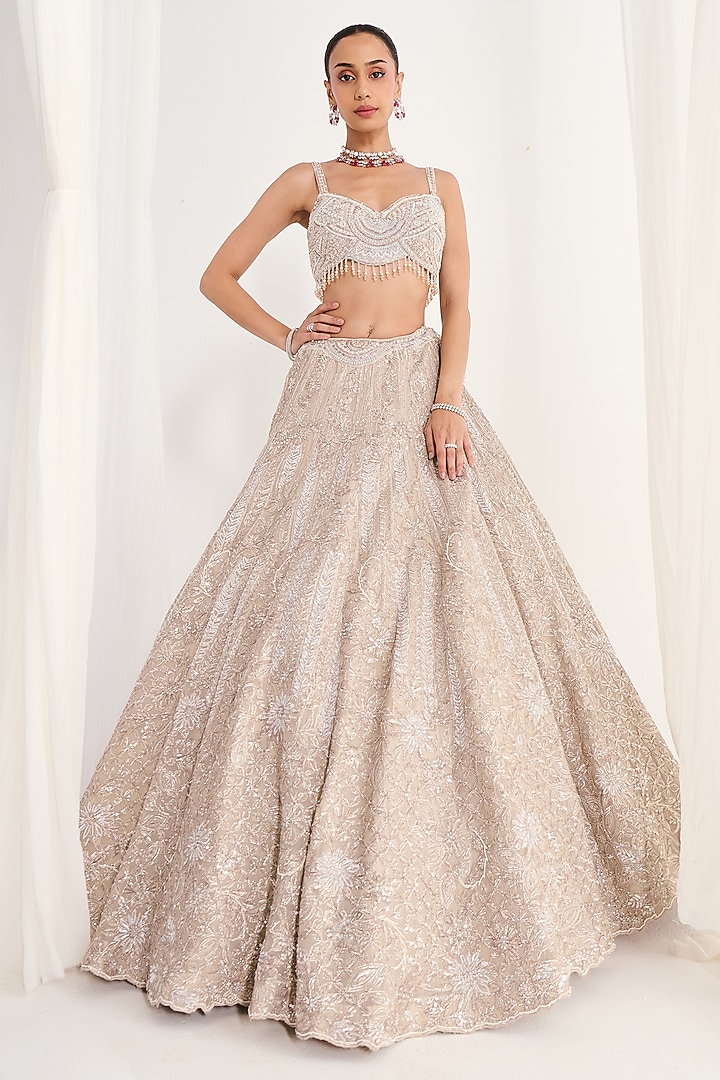Earthy Tone Georgette Sequins Embellished Bridal Lehenga Set by DISHA ARORA at Pernia's Pop Up Shop