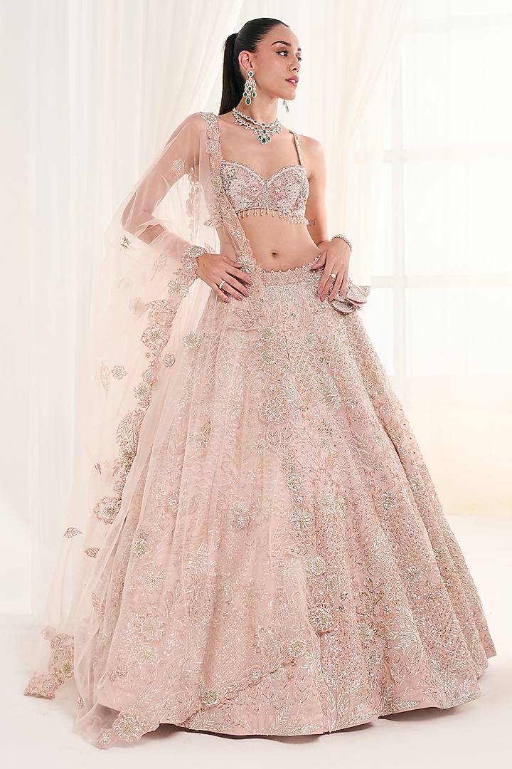 Pink Georgette Cutdana Embroidered Bridal Lehenga Set by DISHA ARORA at Pernia's Pop Up Shop