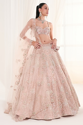 Pink Georgette Cutdana Embroidered Lehenga Set by DISHA ARORA