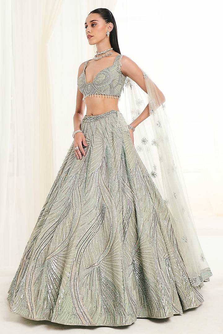 Mint Green Georgette Cutdana Embroidered Bridal Lehenga Set by DISHA ARORA at Pernia's Pop Up Shop
