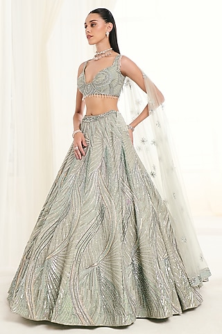 Mint Green Georgette Cutdana Embroidered Lehenga Set by DISHA ARORA