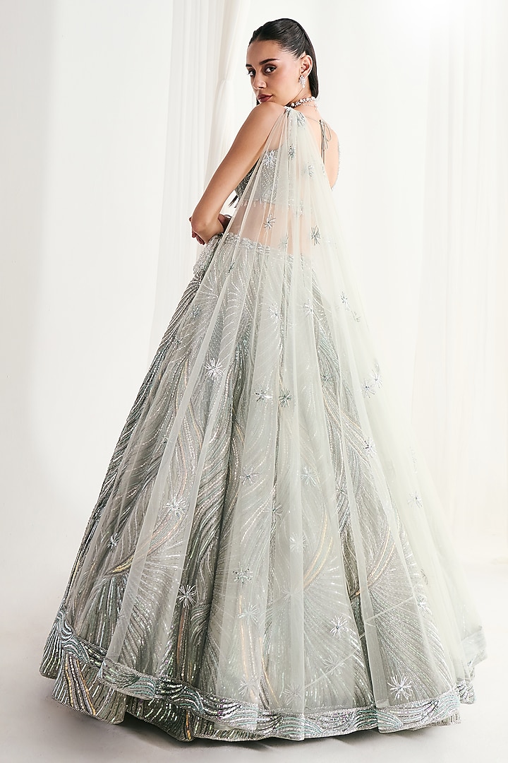 Mint Green Georgette Cutdana Embroidered Bridal Lehenga Set by DISHA ARORA at Pernia's Pop Up Shop