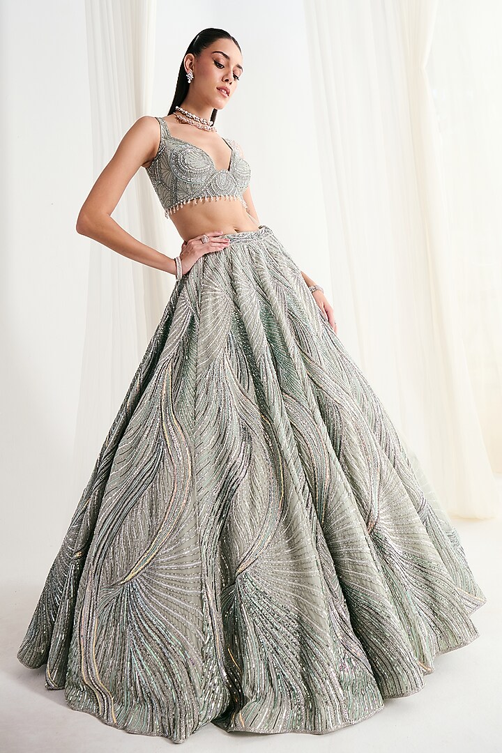 Mint Green Georgette Cutdana Embroidered Bridal Lehenga Set by DISHA ARORA at Pernia's Pop Up Shop