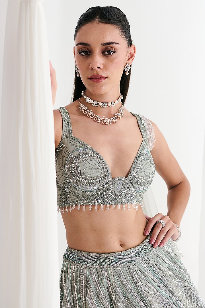 Mint Green Georgette Cutdana Embroidered Bridal Lehenga Set by DISHA ARORA at Pernia's Pop Up Shop