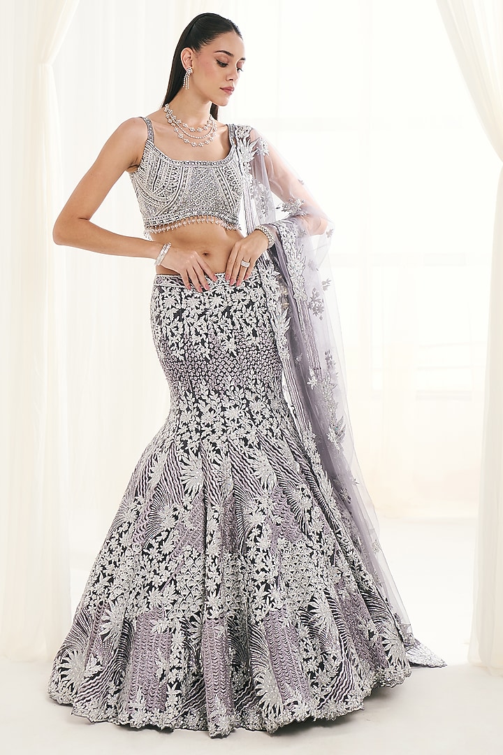 Grey Organza Tush Work Fish-Cut Bridal Lehenga Set by DISHA ARORA at Pernia's Pop Up Shop