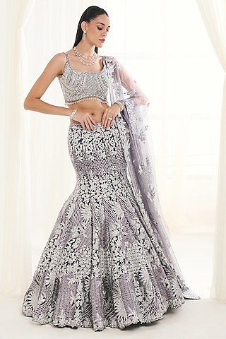 Grey Organza Tush Work Fish-Cut Lehenga Set by DISHA ARORA