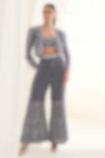 Grey Net Sequins Work Jacket Set by DISHA ARORA at Pernia's Pop Up Shop