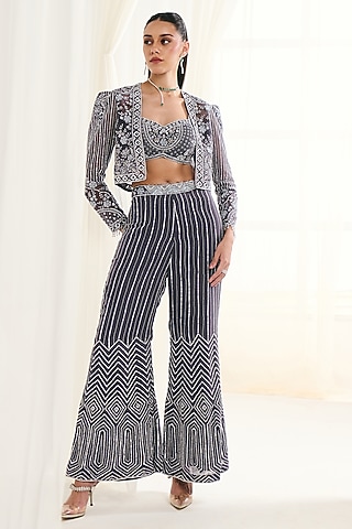 Grey Net Sequins Work Jacket Set by DISHA ARORA