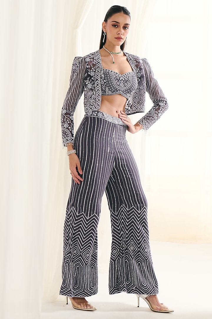 Grey Net Sequins Work Jacket Set by DISHA ARORA at Pernia's Pop Up Shop