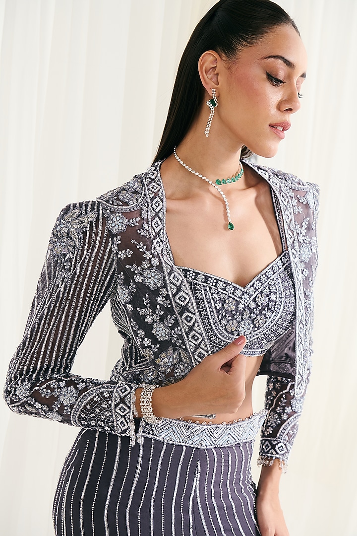 Grey Net Sequins Work Jacket Set by DISHA ARORA at Pernia's Pop Up Shop