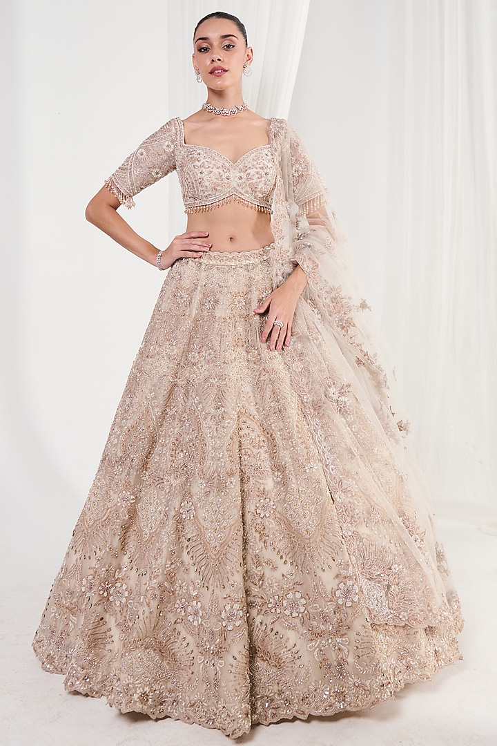Rose Gold Organza Sequins Work Bridal Lehenga Set by DISHA ARORA at Pernia's Pop Up Shop