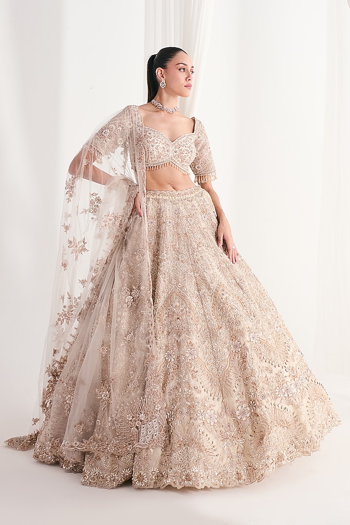 Rose Gold Organza Sequins Work Bridal Lehenga Set by DISHA ARORA at Pernia's Pop Up Shop