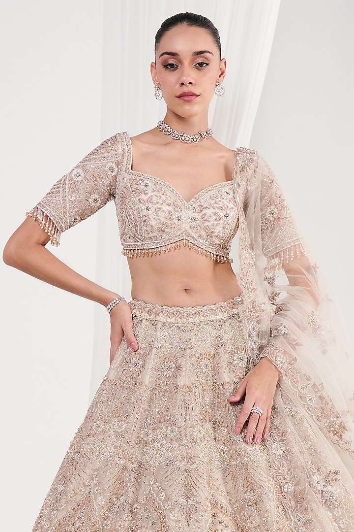 Rose Gold Organza Sequins Work Bridal Lehenga Set by DISHA ARORA at Pernia's Pop Up Shop
