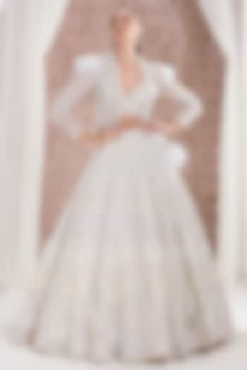 Ivory Organza Sequins Embroidered Jacket Bridal Lehenga Set by DISHA ARORA at Pernia's Pop Up Shop