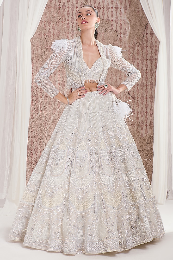 Ivory Organza Sequins Embroidered Jacket Bridal Lehenga Set by DISHA ARORA at Pernia's Pop Up Shop