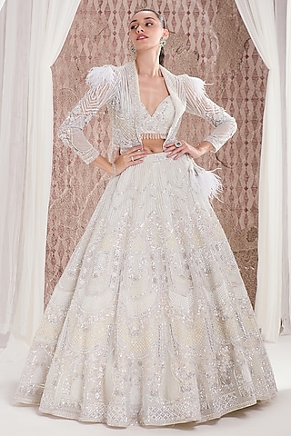 Ivory Organza Sequins Embroidered Jacket Lehenga Set by DISHA ARORA