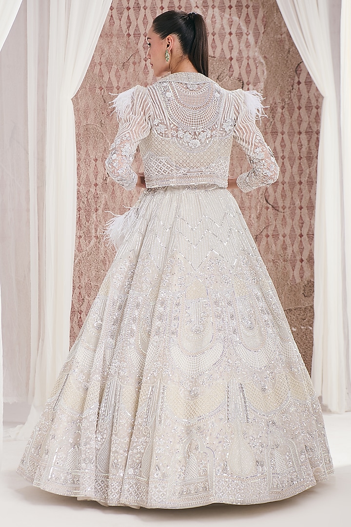 Ivory Organza Sequins Embroidered Jacket Bridal Lehenga Set by DISHA ARORA at Pernia's Pop Up Shop
