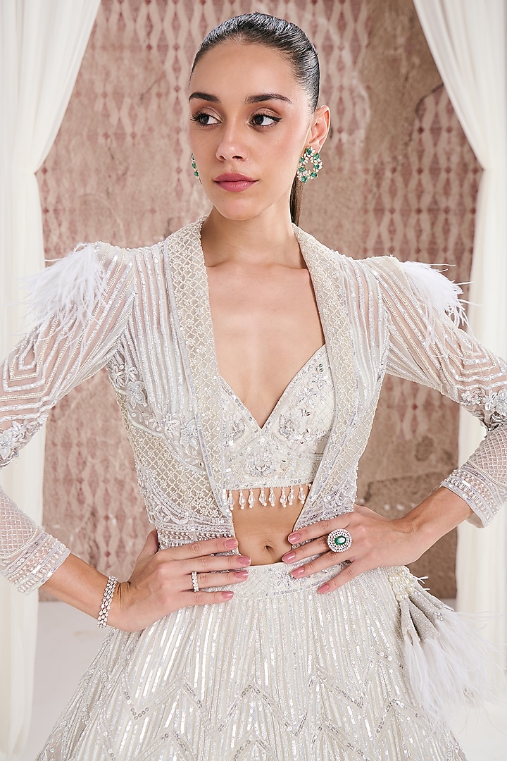 Ivory Organza Sequins Embroidered Jacket Bridal Lehenga Set by DISHA ARORA at Pernia's Pop Up Shop
