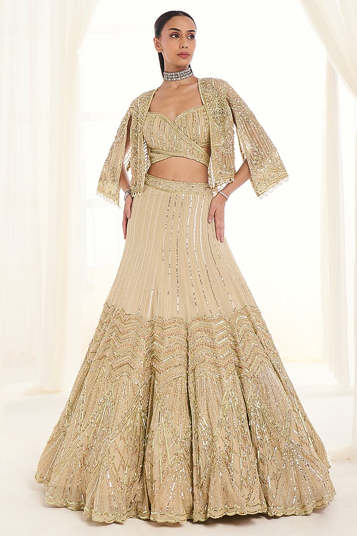 Green Georgette Cutdana Work Bridal Lehenga Set by DISHA ARORA at Pernia's Pop Up Shop
