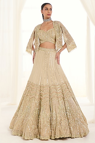 Green Georgette Cutdana Work Lehenga Set by DISHA ARORA