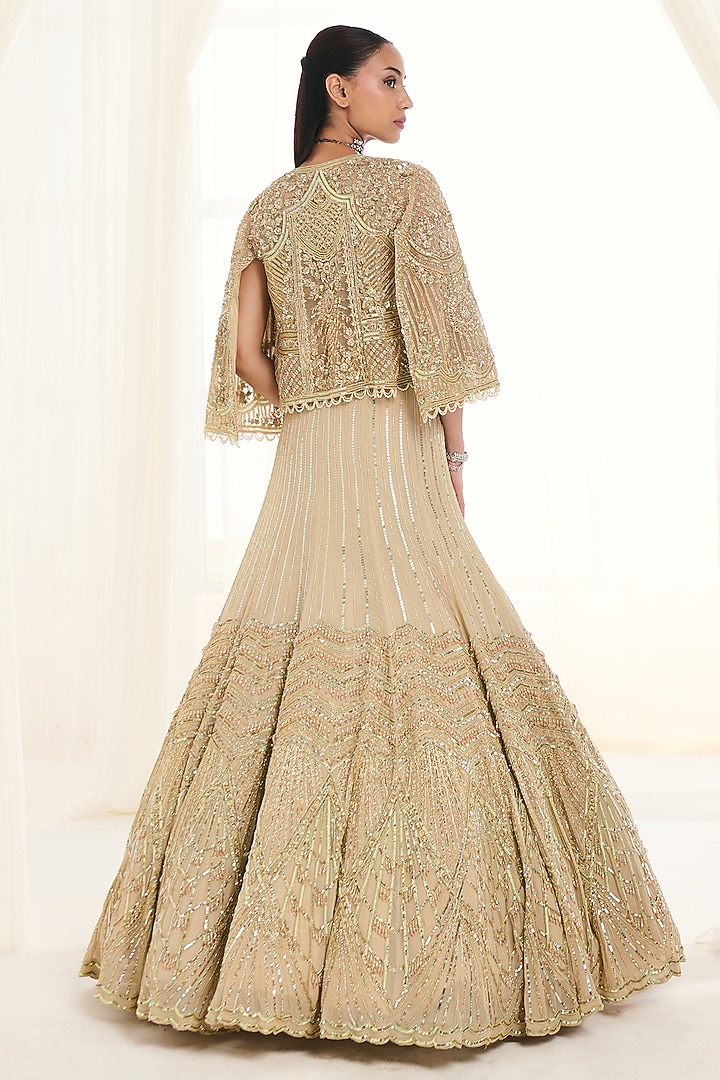 Green Georgette Cutdana Work Bridal Lehenga Set by DISHA ARORA at Pernia's Pop Up Shop