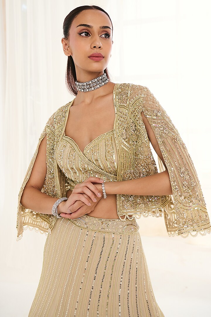 Green Georgette Cutdana Work Bridal Lehenga Set by DISHA ARORA at Pernia's Pop Up Shop