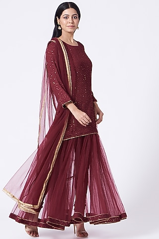 Maroonish Red Sequins Embroidered Sharara Set by Dabka Dori