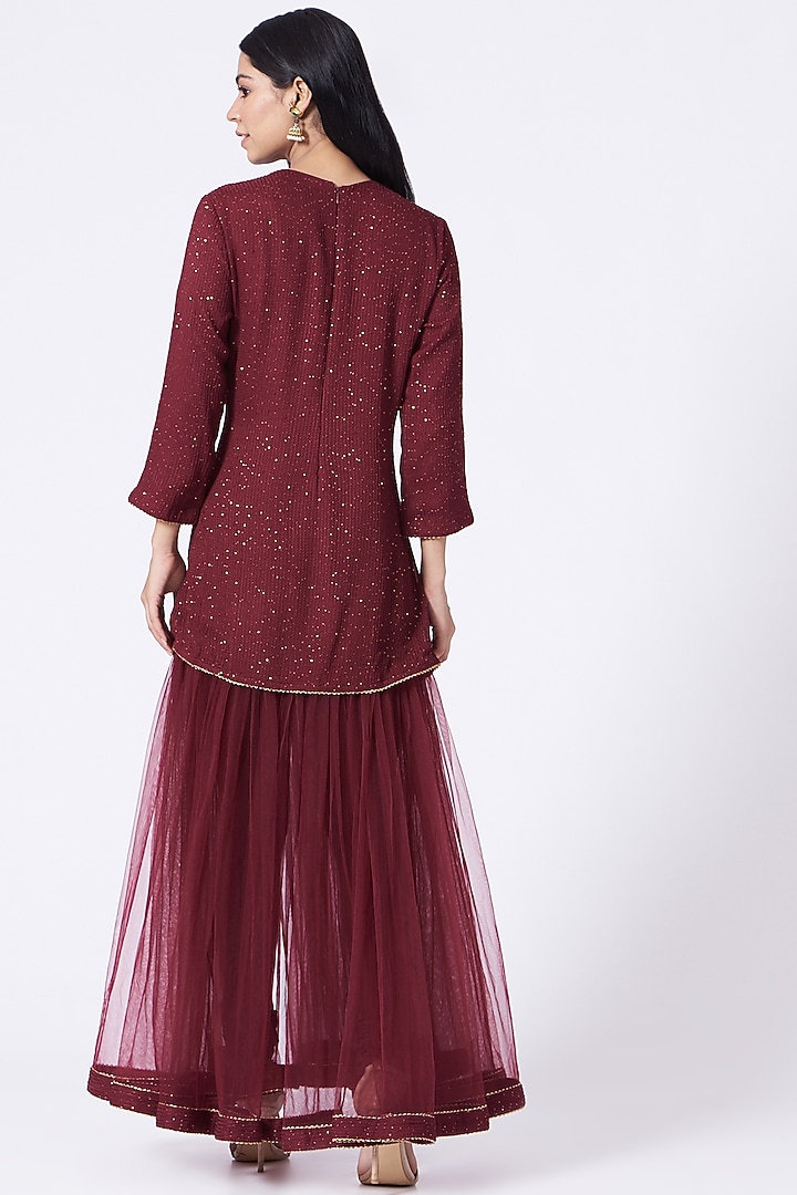 Maroonish Red Sequins Embroidered Wedding Sharara Set by Dabka Dori at Pernia's Pop Up Shop