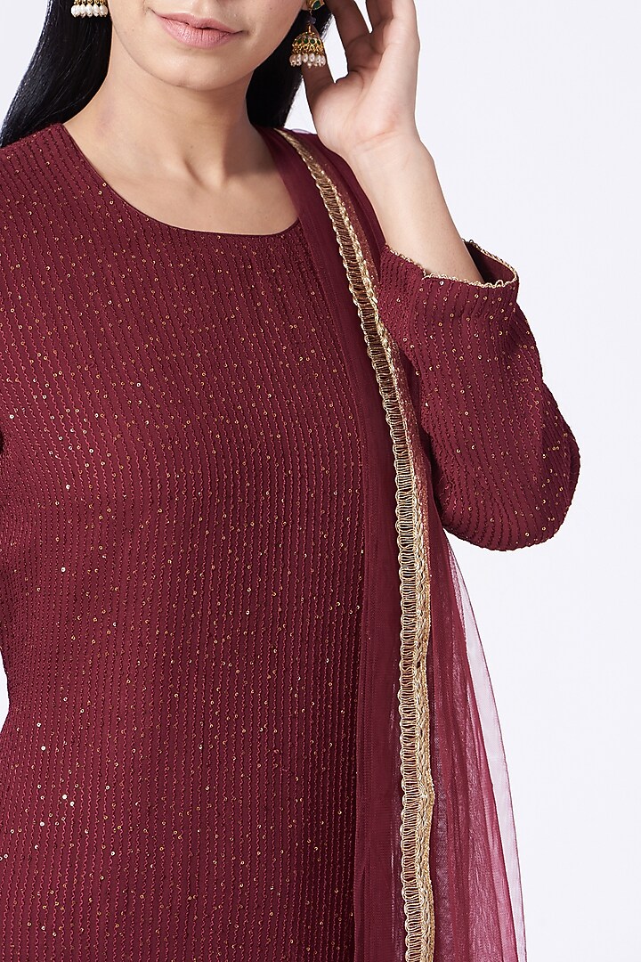 Maroonish Red Sequins Embroidered Wedding Sharara Set by Dabka Dori at Pernia's Pop Up Shop
