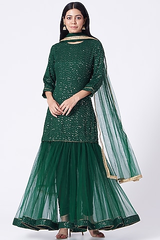 Emerald Green Sequins Embroidered Sharara Set by Dabka Dori