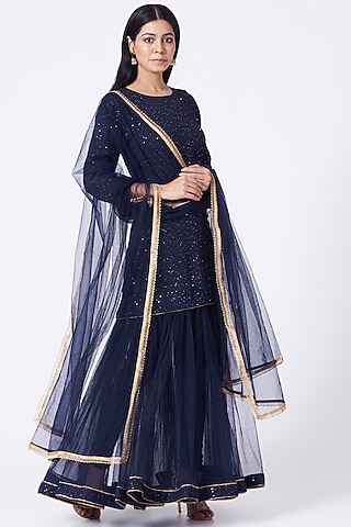 Navy Blue Sequins Embroidered Sharara Set by Dabka Dori