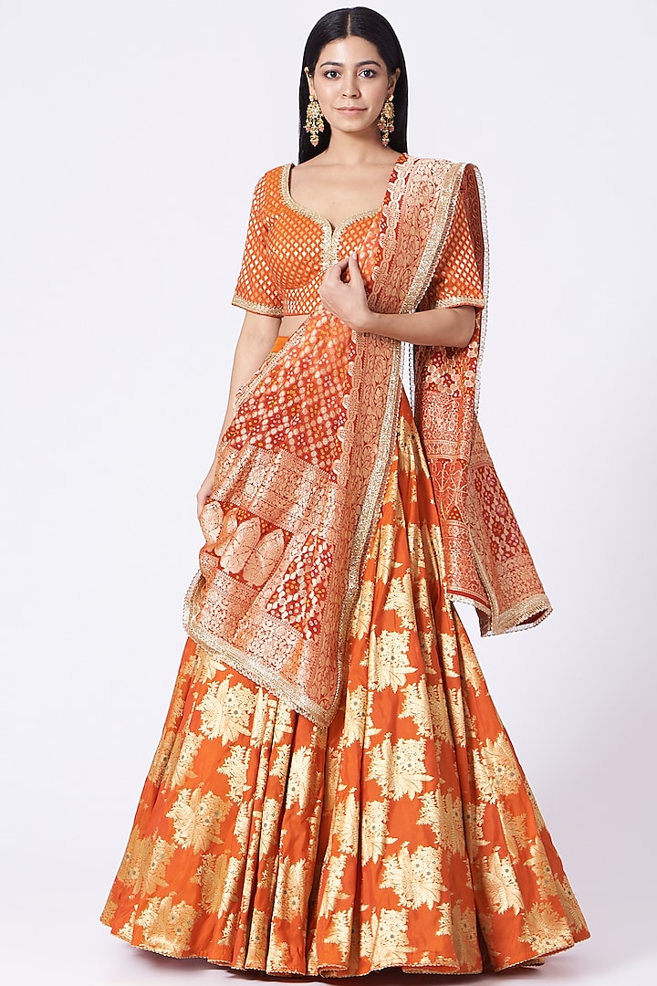 Orange Banarasi Silk Lehenga Set by Dabka Dori