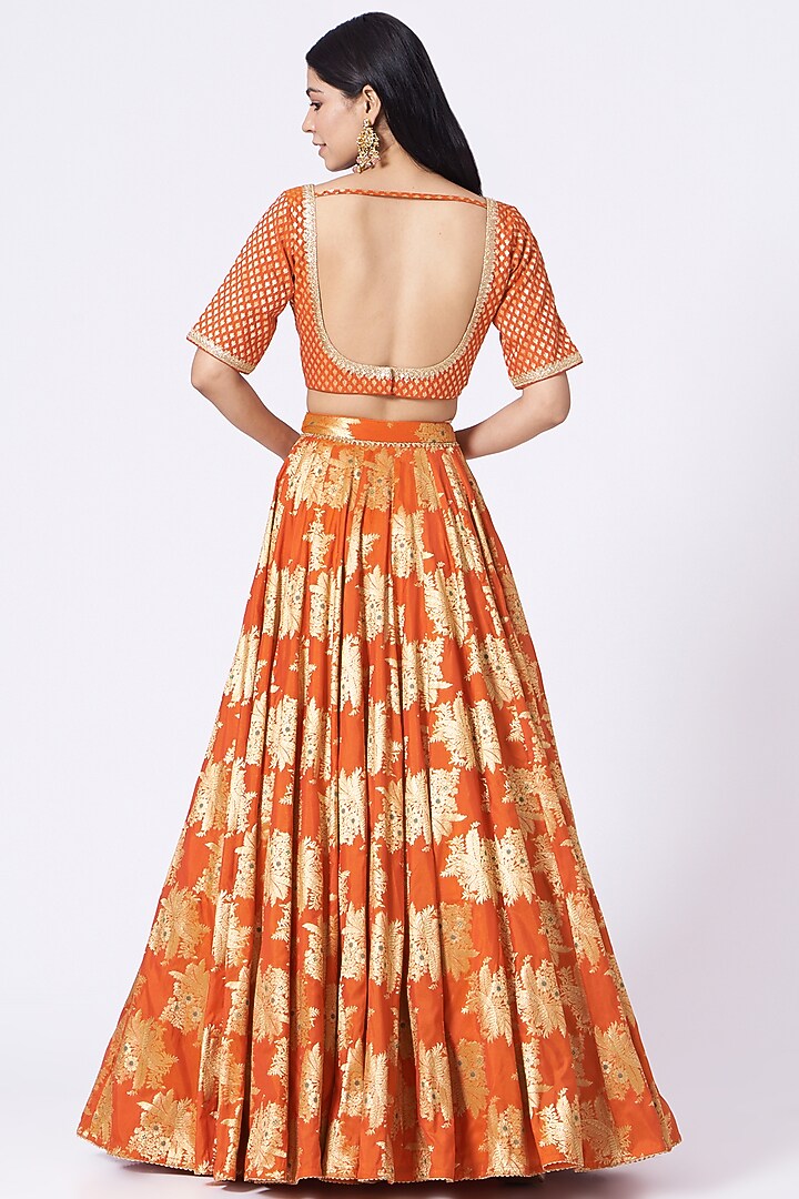 Orange Banarasi Silk Wedding Lehenga Set by Dabka Dori at Pernia's Pop Up Shop