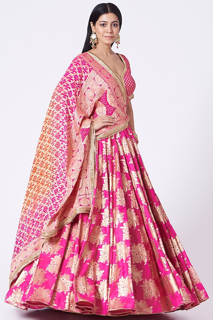 Fuchsia Banarasi Silk Lehenga Set by Dabka Dori