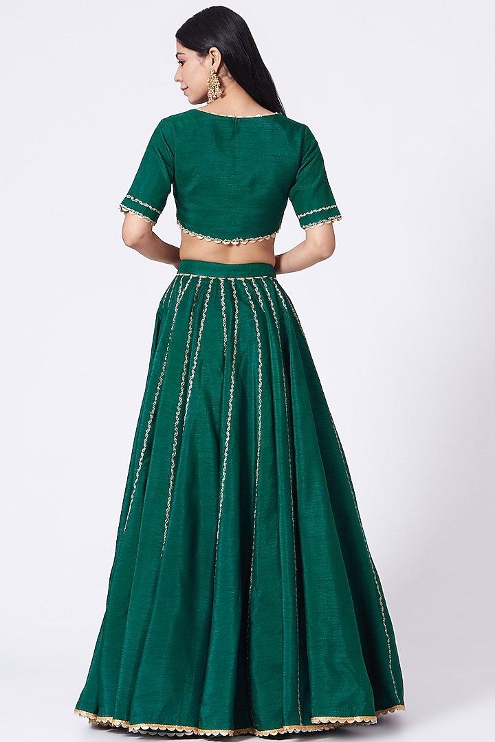 Midnight Green Dupion Silk Blend Wedding Lehenga Set by Dabka Dori at Pernia's Pop Up Shop