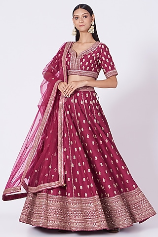 Maroon Embroidered Lehenga Set by Dabka Dori