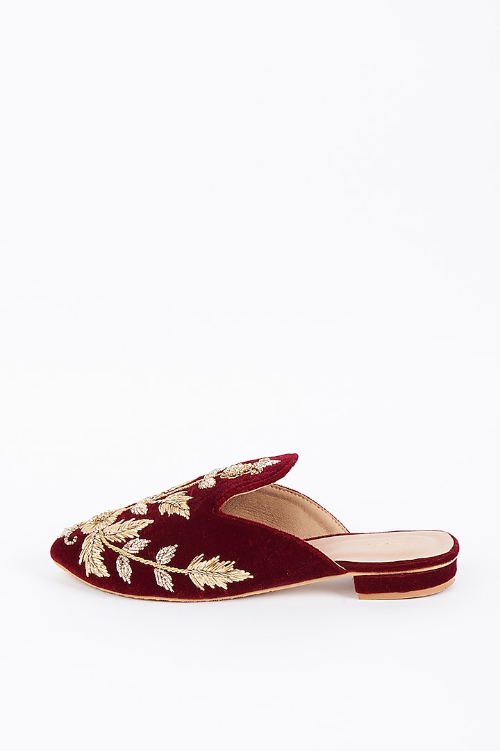 Maroon Velvet Embroidered Mules by Dachi Earth