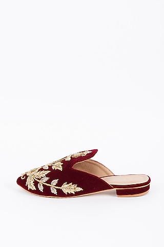 Maroon Velvet Embroidered Mules by Dachi Earth